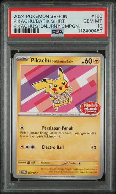 PSA 10 - PIKACHU BATIK SHIRT PIKACHU'S IDNONESIAN JOURNEY CAMPAIGN 190/SV-P