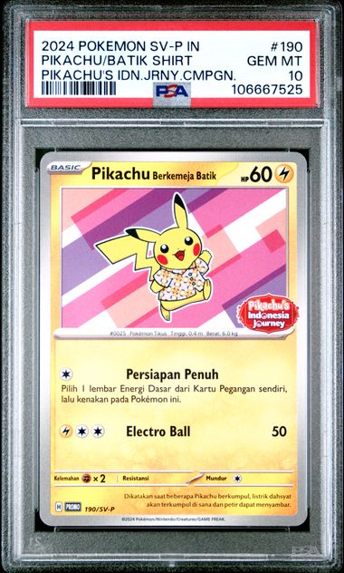 PSA 10 2024 POKEMON INDONESIAN SV-P PROMO #190 PIKACHU/BATIK SHIRT PIKACHU'S IDN.JRNY.CMPGN.