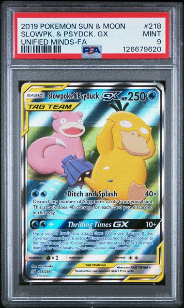 PSA 9 - SLOWPOKE & PSYDCK GX UNIFIED MINDS Full Art #218