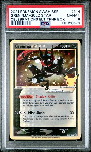 PSA 8 2021 POKEMON SWSH BLACK STAR PROMO #144 GRENINJA-GOLD STAR CELEBRATIONS ELT.TRNR.BOX